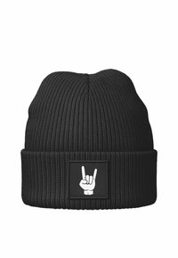 Black ribbed knit beanie with a folded cuff featuring a white patch displaying a graphic of a hand making the 'rock on' gesture.