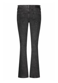 Zwarte flared jeans met een hoge tailleband, twee achterzakken en subtiele stikdetails. Gemaakt van denim met een gladde textuur.