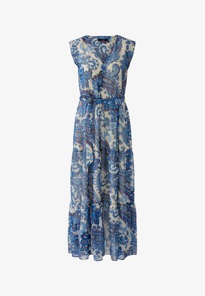 Ärmelloses Maxikleid mit blauem und braunem Paisley-Blumenmuster auf weißem Hintergrund und einem Stoffgürtel in der Taille.