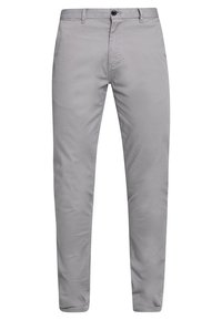 Pantaloni in cotone grigi con una vestibilità slim, dotati di patta con zip, chiusura a bottone e tasche frontali a fessura. Tessuto liscio senza motivi visibili.