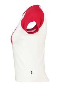 Ribbed short-sleeve t-shirt in white with red accents. Features a rounded neckline and a side slit. Branding tag at the hem.