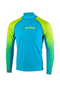 Langärmliges Schwimmshirt in Türkis und Limettengrün mit hohem Kragen, gepunkteten Mustern an den Ärmeln und dem Logo "BE active".