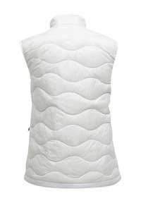Vit vadderad väst med vågmönster, hög krage och utan ärmar. Slät textur med rundad fåll och en sidoficka med dragkedja.