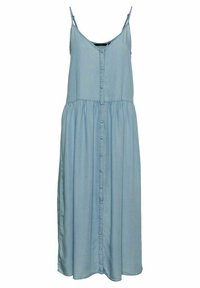 Vaaleansininen farkkunen mekko, jossa on säädettävät spagettiolkain, nappikiinnitys edessä ja liehuva helma. Kangas on sileä.