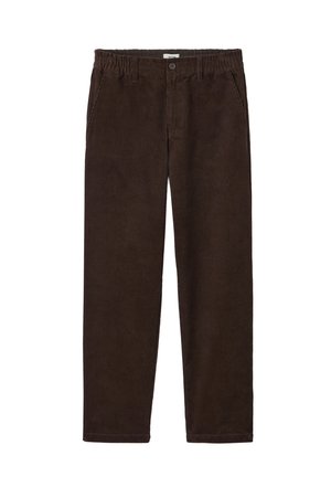 Pantalons en velours côtelé marron avec une coupe décontractée, une taille élastique, une fermeture à bouton et une texture à fines rayures verticales.