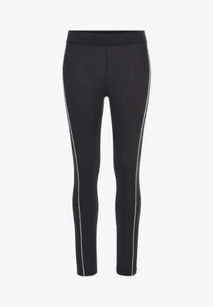 Schwarze Leggings mit einem taillierten Design, die an beiden Seiten weiße Akzentstreifen und einen glatten, elastischen Stoff haben.