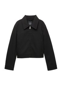 Jachetă neagră scurtă, confecționată dintr-un material neted. Are guler ascuțit, închidere cu fermoar frontal și două buzunare laterale. Design simplu, modern.