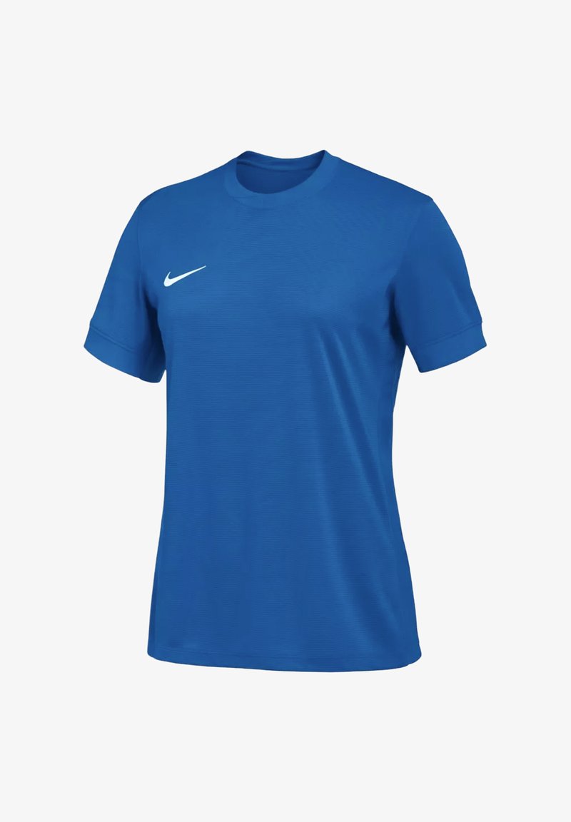 T-shirt de sport bleu à manches courtes avec col rond et logo Nike swoosh blanc sur le côté droit de la poitrine.