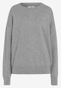 Hellgrauer, langärmliger Pullover aus weichem Material. Hat einen Rundhalsausschnitt, eine lockere Passform sowie gerippte Bündchen und Saum. Keine sichtbaren Muster.