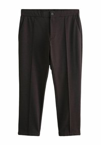 Pantaloni marroni scuri realizzati in un tessuto morbido, con tasche anteriori, chiusura a un bottone e un design a gamba dritta.