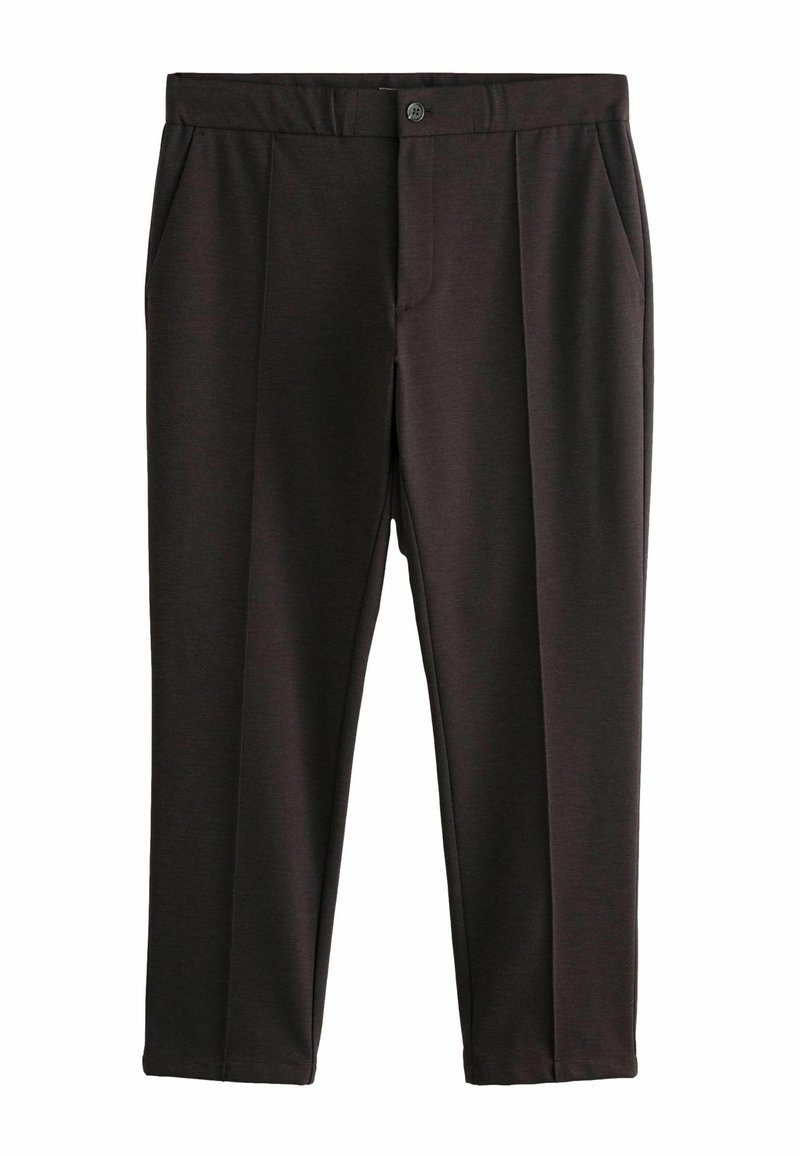 Pantaloni marroni scuri realizzati in un tessuto morbido, con tasche anteriori, chiusura a un bottone e un design a gamba dritta.