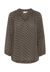 Blouse marron légère avec manches trois-quarts et col en V, ornée d'un motif de pois blancs et d'un détail froncé au niveau de l'encolure.