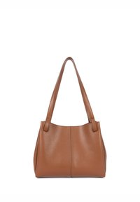 Borsa tote in pelle marrone con superficie testurizzata, due spallacci e una forma strutturata, con dettaglio della cucitura centrale.