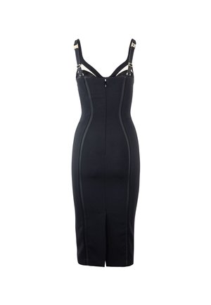 Black fitted dress with adjustable straps, structured seams, front slit, and lightweight fabric. Fastens with a discreet zipper at the back.