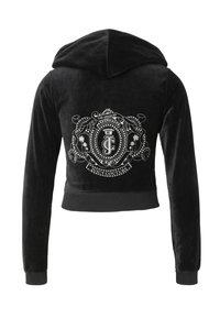 Veste à capuche en velours noir avec logo Juicy Couture blanc, palmiers et motifs décoratifs centrés dans le dos.