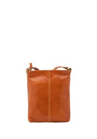 Borsa a tracolla in pelle marrone con una texture liscia, dettagli di cucitura verticale e una tracolla regolabile. Presenta un design pulito e minimalista.