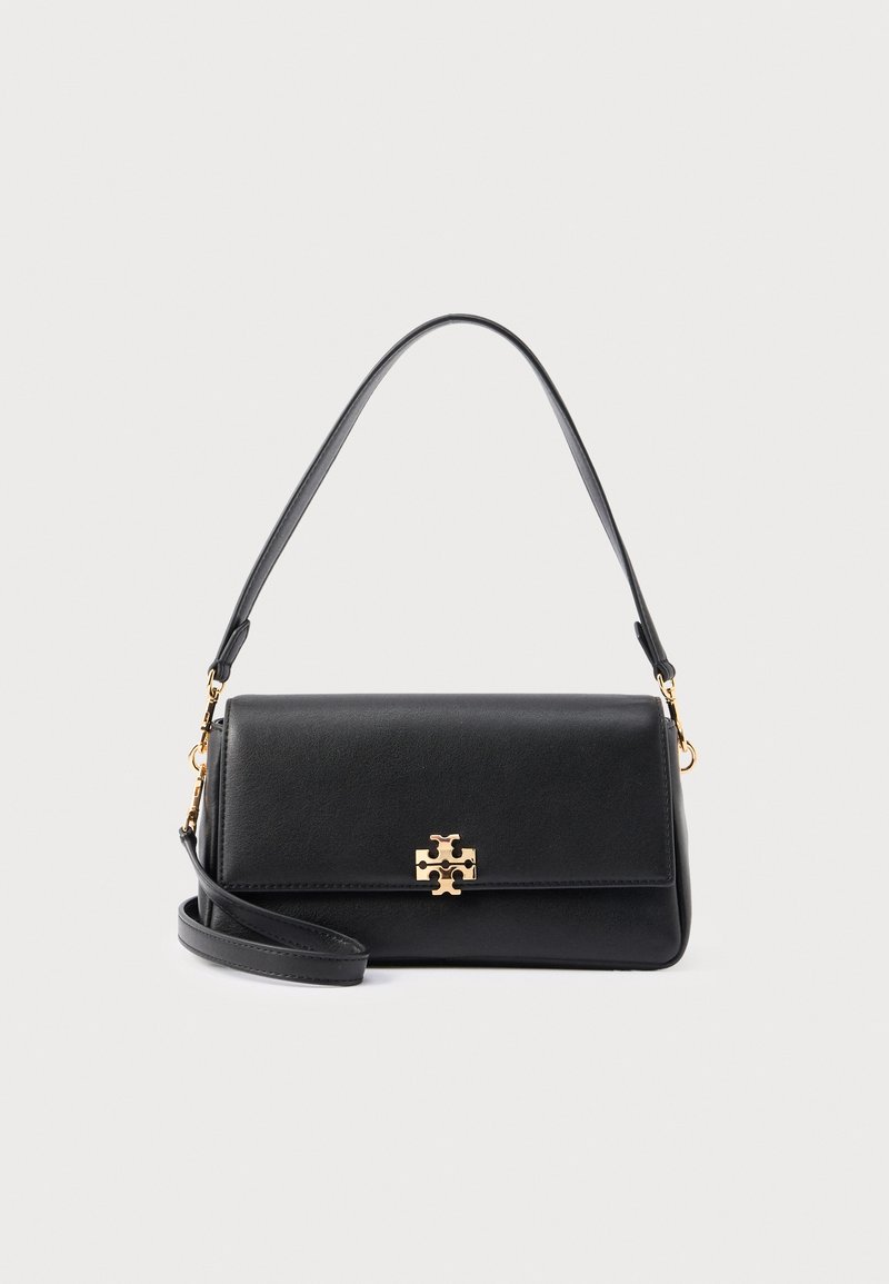 Black rectangular leather handbag with gold logo clasp, short and long detachable shoulder straps, displayed on a plain light background.