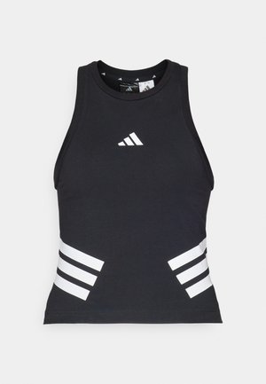Tricou sportiv negru fără mâneci, cu decolteu rotund, având un logo alb pe piept și accente cu dungi albe pe laterale. Textură de material neted.