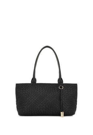 Czarna torba typu tote z plecionej skóry, z dwoma paskami na ramię, teksturowanym wzorem w diamenty oraz złotym detalem metalowym.