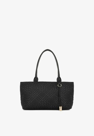 Sac cabas en cuir tressé noir avec deux anses épaule, un motif diamant texturé et un détail de quincaillerie avec accents dorés.