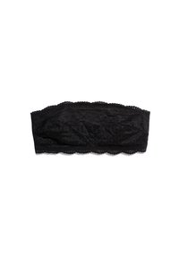 Top bandeau in pizzo nero con bordo a scallop, motivo floreale e tessuto texturizzato. Senza spalline per un design senza spalle.
