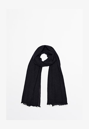 Sciarpa nera realizzata in un tessuto leggero e testurizzato, con bordi sfilacciati e una forma lunga e rettangolare per uno stile versatile.
