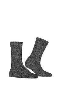 Calze grigie a maglia con una texture a costine, caratterizzate da un colore solido e un design di lunghezza media fino al polpaccio, adatte per un uso casual.