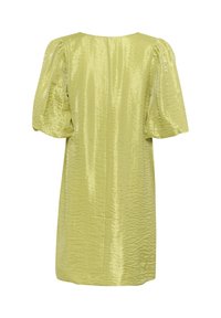 Šī vasaras kleita ir ar īsām piedurknēm, gaiši zaļā krāsā, ar teksturētu, mirdzošu virsmu. Tai ir brīva piegriezuma forma un vienkārša, apaļa kakla izgriezums.