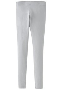 Leggings grigi con una texture liscia, design aderente e vita elastica. Il tessuto ha una lucentezza minima e nessun motivo o dettaglio visibile.