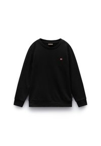 Felpa nera in misto cotone, con collo rotondo, maniche lunghe, polsini e orlo a costine, e un piccolo logo rosso e bianco sul petto.