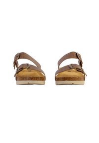 Sandales en liège marron avec deux brides ajustables et boucles, présentées de face sur un fond blanc.