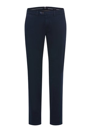 Pantaloni blu navy con vestibilità slim, realizzati in cotone, con chiusura a zip e bottone, e design a cinque tasche. Tessuto liscio.