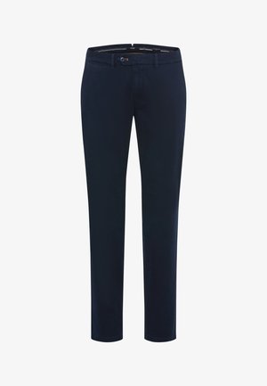 Pantaloni blu navy con vestibilità slim, realizzati in cotone, con chiusura a zip e bottone, e design a cinque tasche. Tessuto liscio.