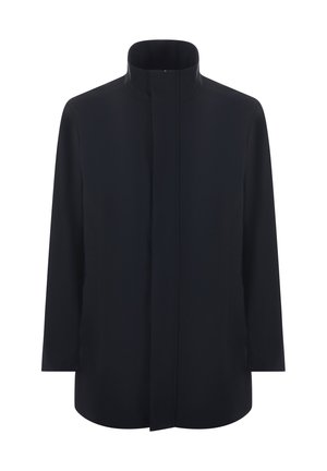 Veste noire avec un col haut, des manches longues et une coupe droite. Fabriquée en tissu lisse, avec des coutures minimales et aucune fermeture visible.