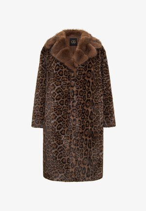Cappotto in pelliccia leopardata con colletto in pelliccia sintetica marrone, caratterizzato da un taglio dritto e chiusura frontale nascosta. Tessuto morbido e fantasie audaci.