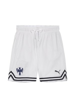 Hvide mesh shorts med sorte accenter, elastisk talje, snor i taljen, teambago på venstre side og Puma-logo på højre ben.