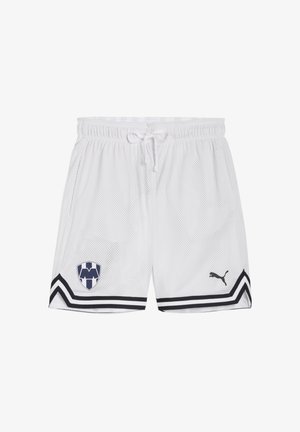 Valkoiset verkko shortsit mustilla yksityiskohdilla, joustava vyötärö, nyöri, joukkueen logo vasemmalla puolella ja Puma-logo oikealla sääressä.