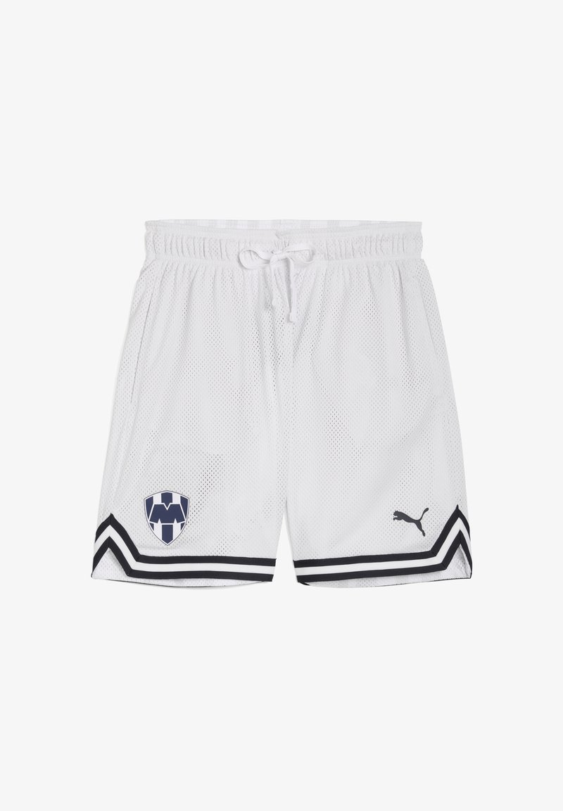 Pantalones cortos de malla blancos con acentos negros, cinturilla elástica, cordón, logo del equipo en el lado izquierdo y logo de Puma en la pierna derecha.