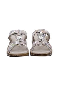 Open-toe sandals with a light gray base, metallic accents, and textured pastel straps featuring a floral pattern. Flat sole design.