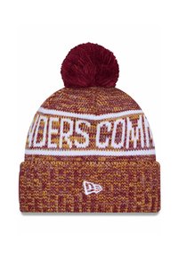 Bordeauxrot und goldene Strickmütze mit einem weißen Streifenbündchen und dem Text "COMMANDERS", gekrönt mit einem roten Pompon. Besticktes Logo am Bündchen.