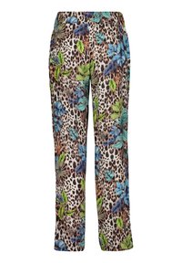 Geprinte broek met een luipaardpatroon en meerkleurige bloemenelementen in blauw en groen. Elastische tailleband voor comfort.