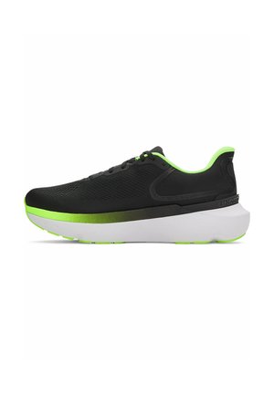 Black mesh athletic shoe with a sleek design, featuring a white midsole and vibrant green accents on the heel and sole.