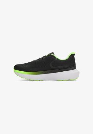 Schwarzer Mesh-Sportschuh mit einem eleganten Design, der eine weiße Zwischensohle und lebhafte grüne Akzente an der Ferse und Sohle aufweist.