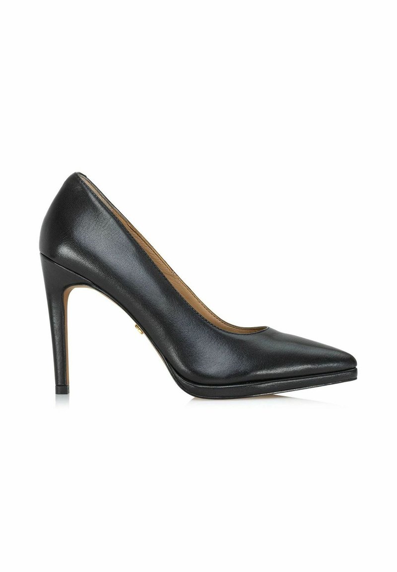 Escarpin femme en cuir noir à bout pointu avec un talon aiguille fin et une finition lisse sur fond blanc.