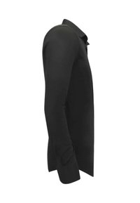 Zwarte lange mouw shirt met een kraag, gemaakt van gladde stof. Heeft een getailleerd ontwerp, met knoopmanchetten en een nette afwerking van de naden.