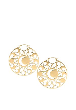 Gold hoop earrings featuring a cut-out design of suns and moons, with alternating circular accents and a lightweight, open structure.
