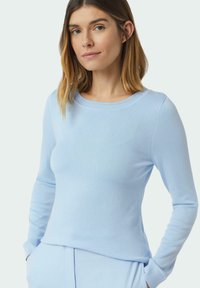 Helles blaues Langarm-Pullover aus weichem Strickstoff. Mit rundem Halsausschnitt und engen Bündchen, mit einer glatten, gleichmäßigen Textur.