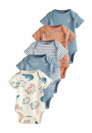 Set di cinque body per neonati a maniche corte in vari colori: blu, beige e ruggine. Presenta stampe di animali e righe; realizzato in morbido cotone.