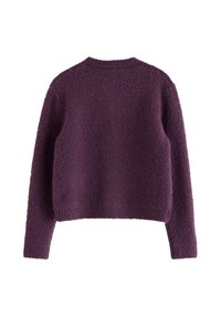 Purple, textured sweater with a round neck and long sleeves. The back is slightly cropped and features a non-zippered design.