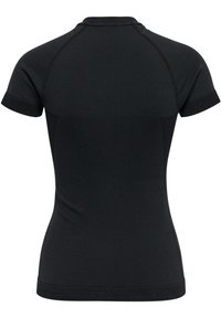 Zwart sportshirt met korte mouwen, gestructureerde stof en aansluitende pasvorm, gezien van achteren.